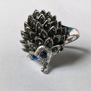 Silver Textured Hedgehog Ring - Blue Rhinestones